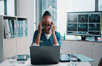 Burnout Chez Les Soignants Headache, black woman and doctor with laptop for xrays in hospital for stress, burnout or mistake. Migraine, computer and African healthcare worker with fatigue for medical emergency plan in clinic.