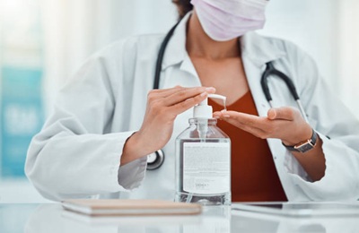 Prévenir Les Infections Nosocomiales Covid, hand sanitizer and doctor woman in hospital office for hand cleaning healthcare safety, risk management and compliance. Covid 19, corona virus and healthcare worker with liquid bottle product