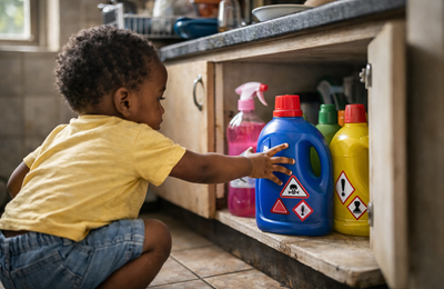 Enfant curieux devant les produits ménagers
